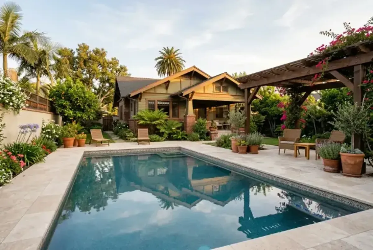Craftsman home with a backyard pool in Whittier, California