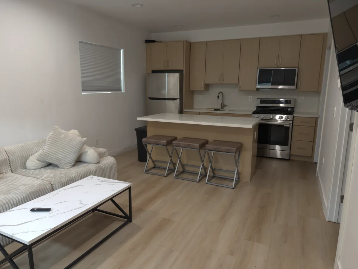 Finished garage conversion living room and kitchen