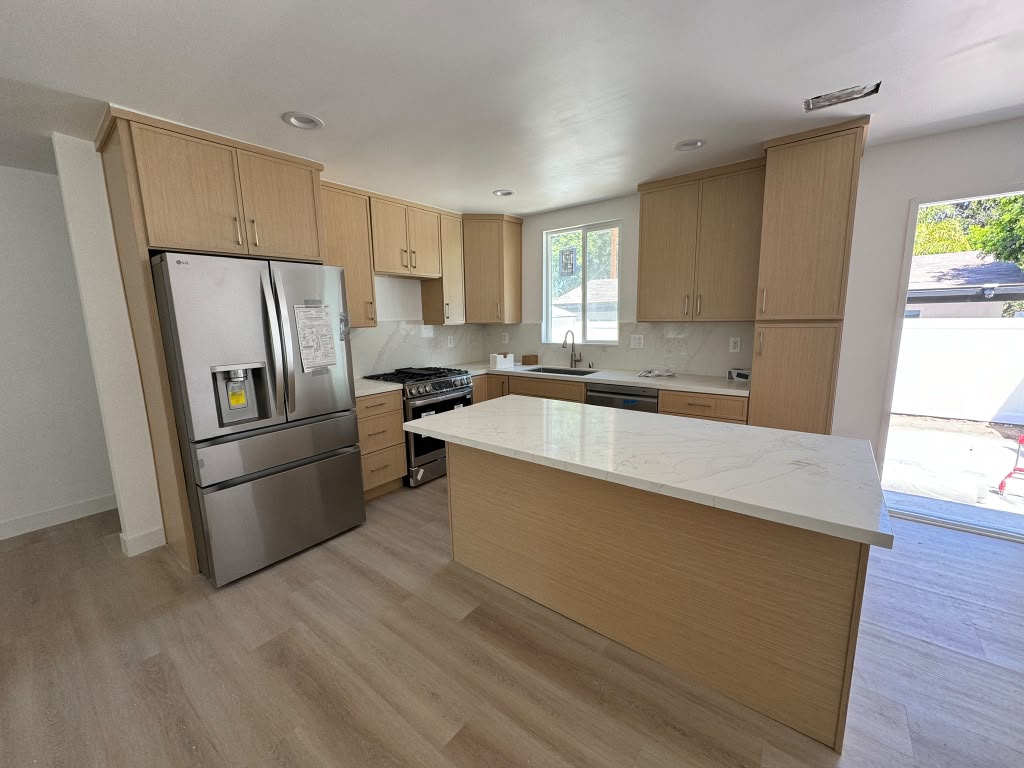 Finished open kitchen in the Encino full house remodel