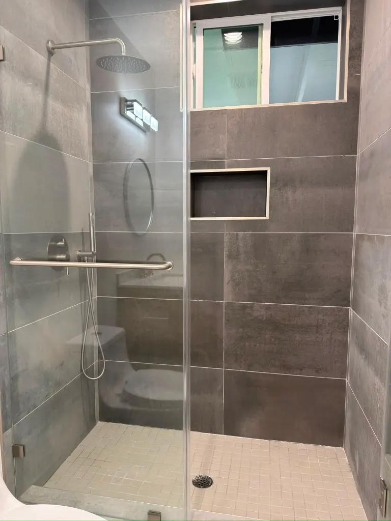 Tiled walk-in shower in the Encino garage conversion