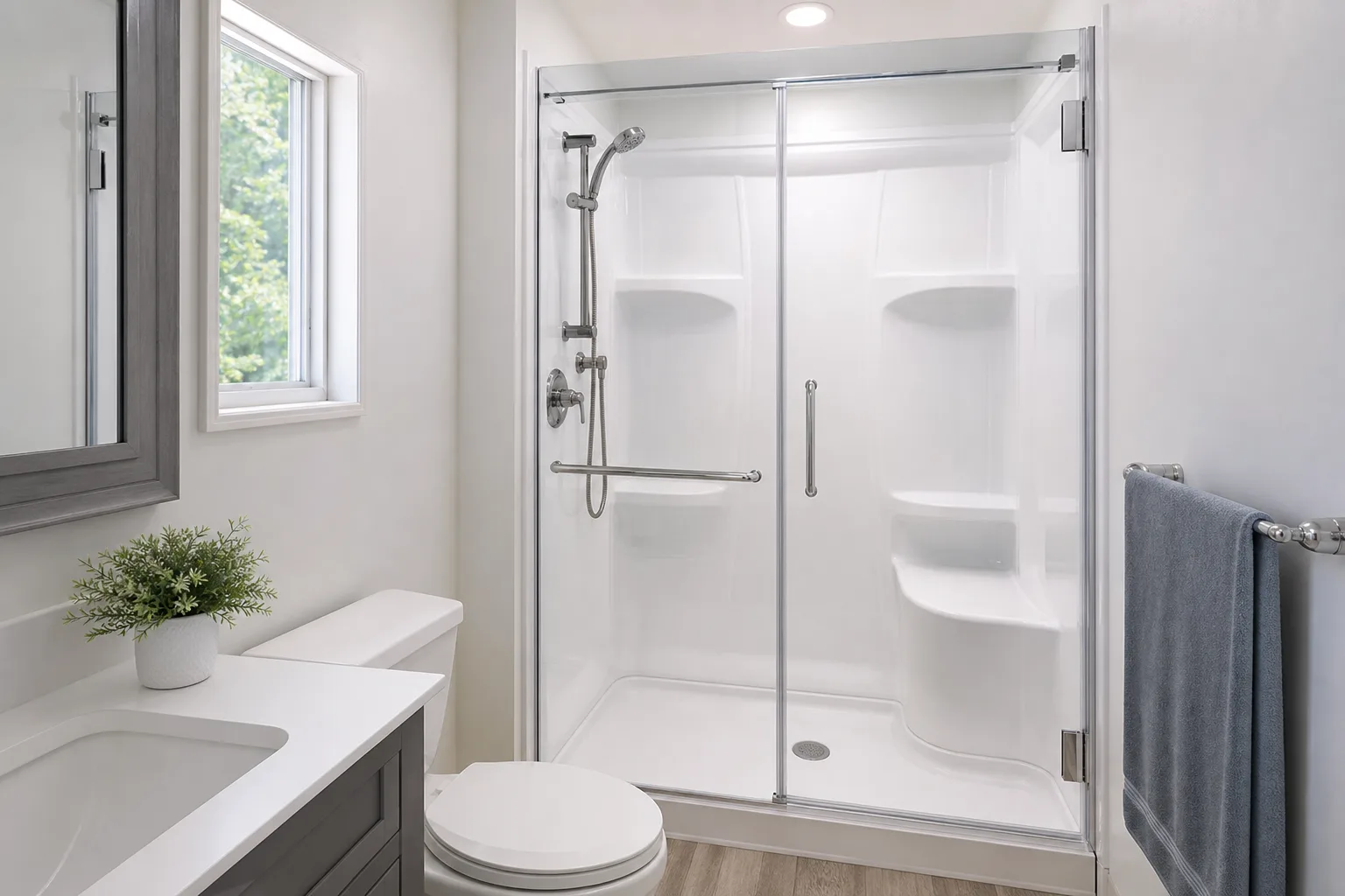 Fiberglass bathroom remodel with modern shower system