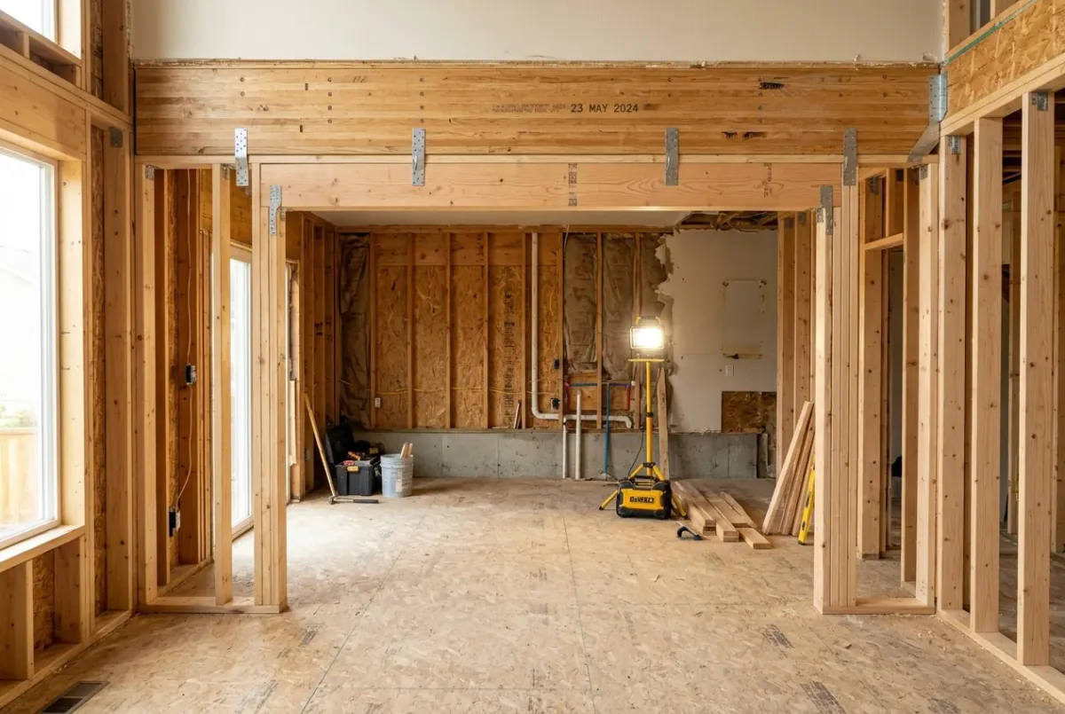 New beam and framing during a home remodel