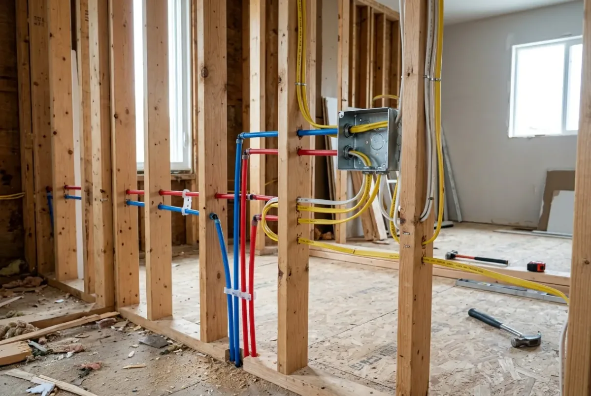 Open walls with new electrical and plumbing rough-in