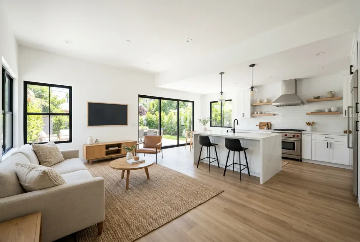 Whole-house remodel with an open living room and kitchen