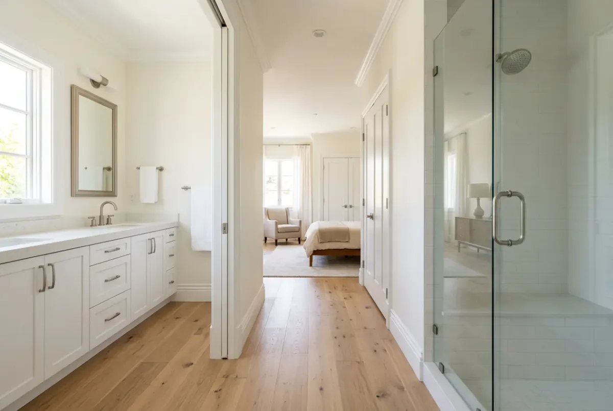 Multi-room renovation with matching floors and finishes