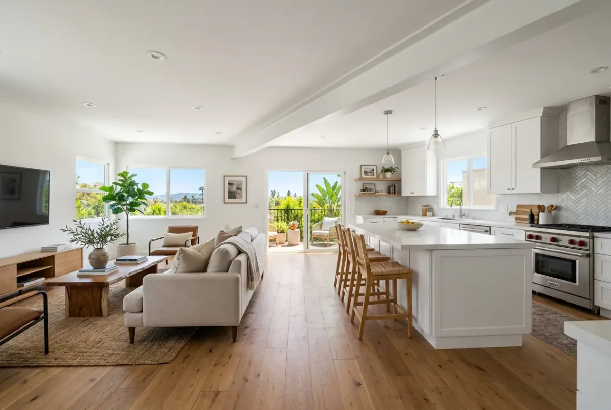 Open-concept layout after a load-bearing wall was removed