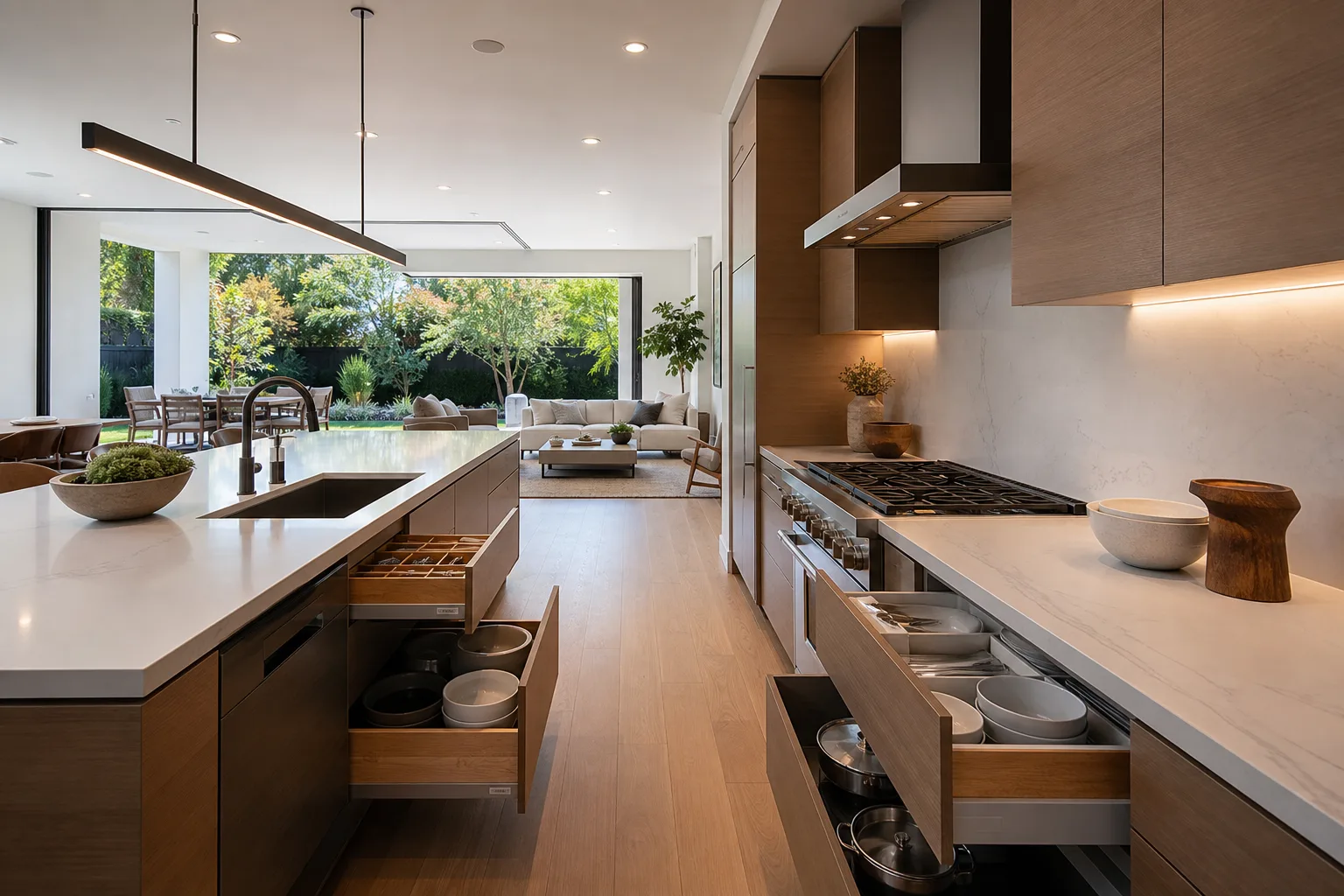 Modern open-concept kitchen design with smart storage and lighting